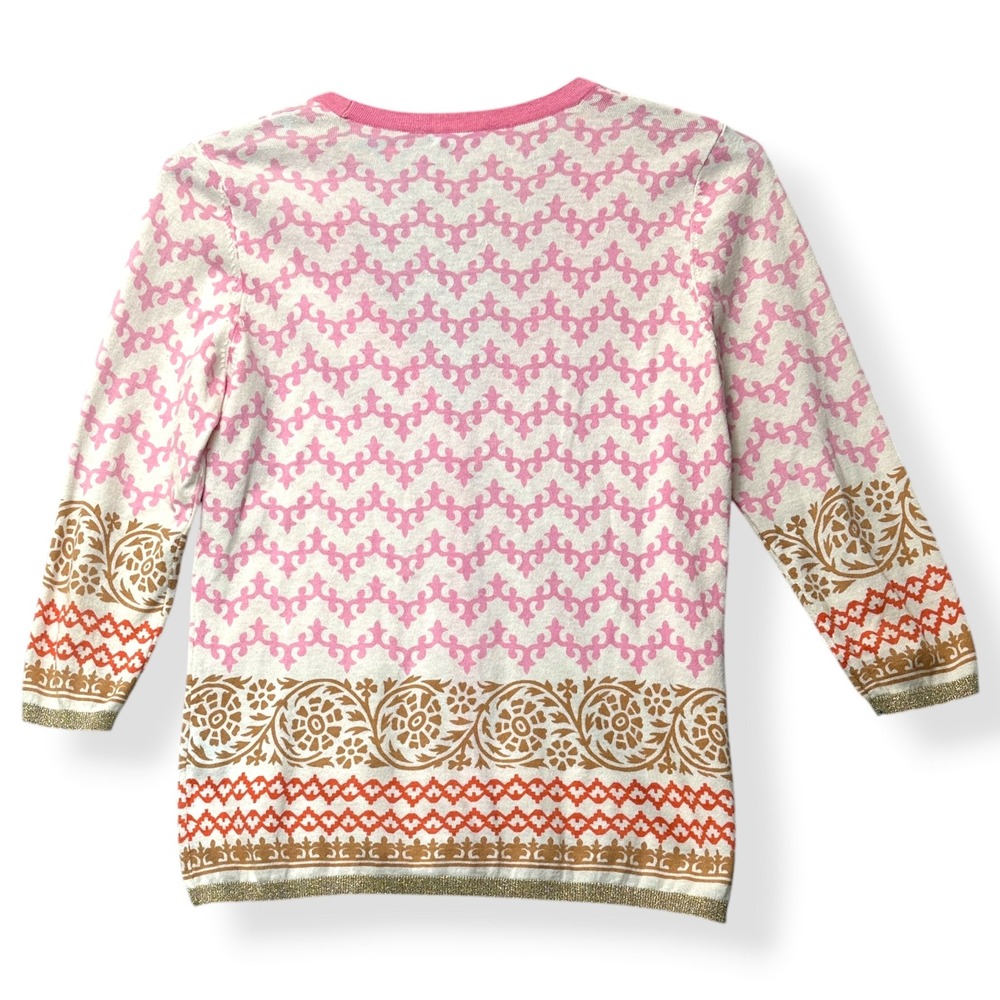 J.McLaughlin Women Cardigan Pink S Preppy Geometric Metallic Trim 3/4 Sleeve‎ - Picture 3 of 8